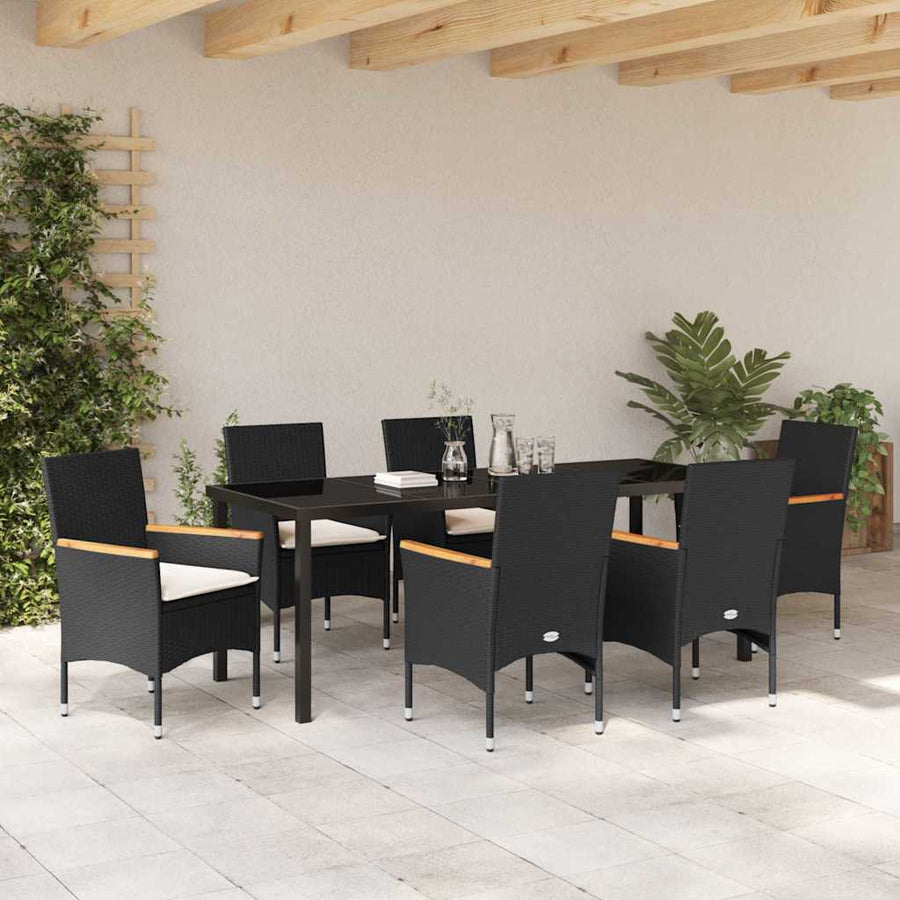 Tuin eettafelset met kussen 7 pcs Zwart poly rattan