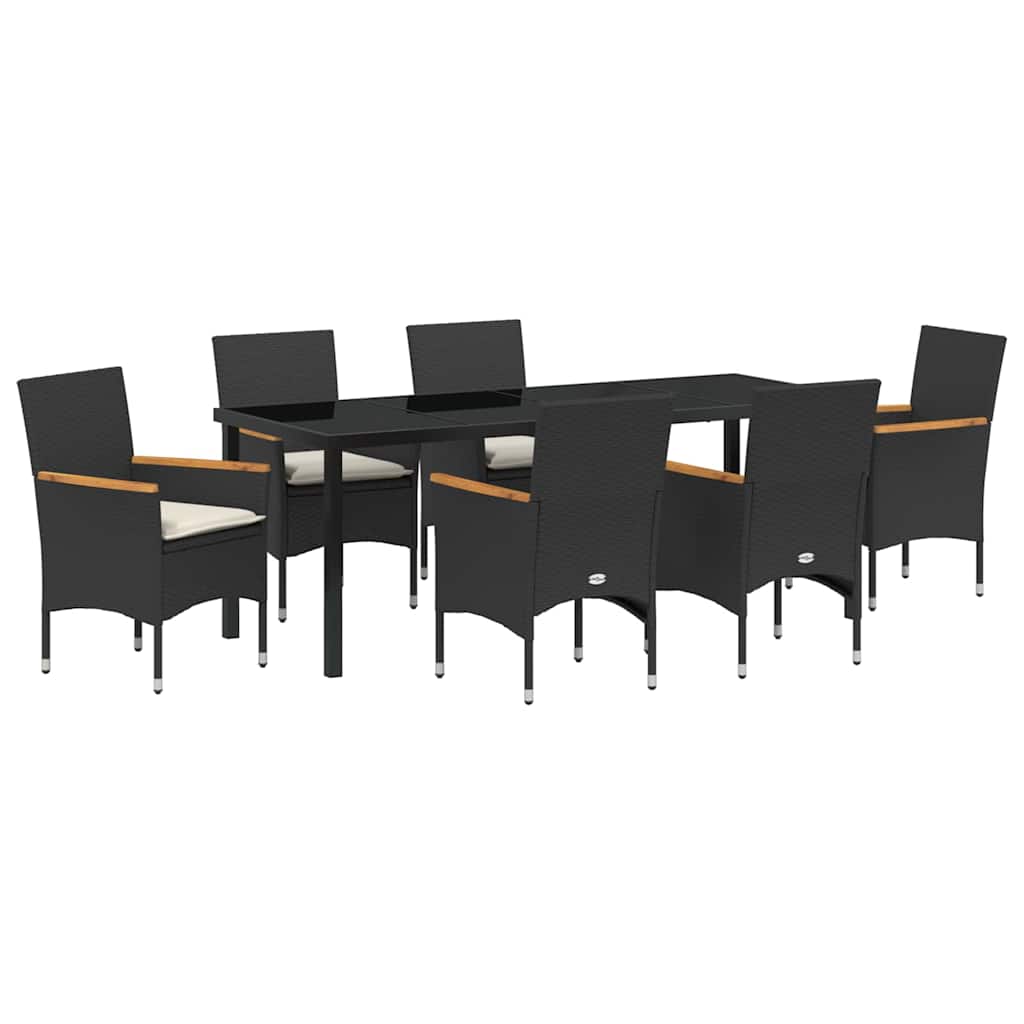 Tuin eettafelset met kussen 7 pcs Zwart poly rattan