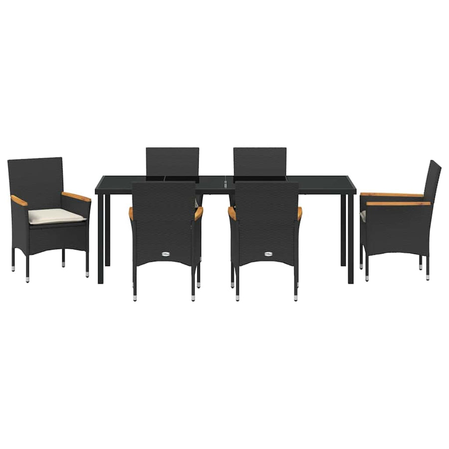 Tuin eettafelset met kussen 7 pcs Zwart poly rattan