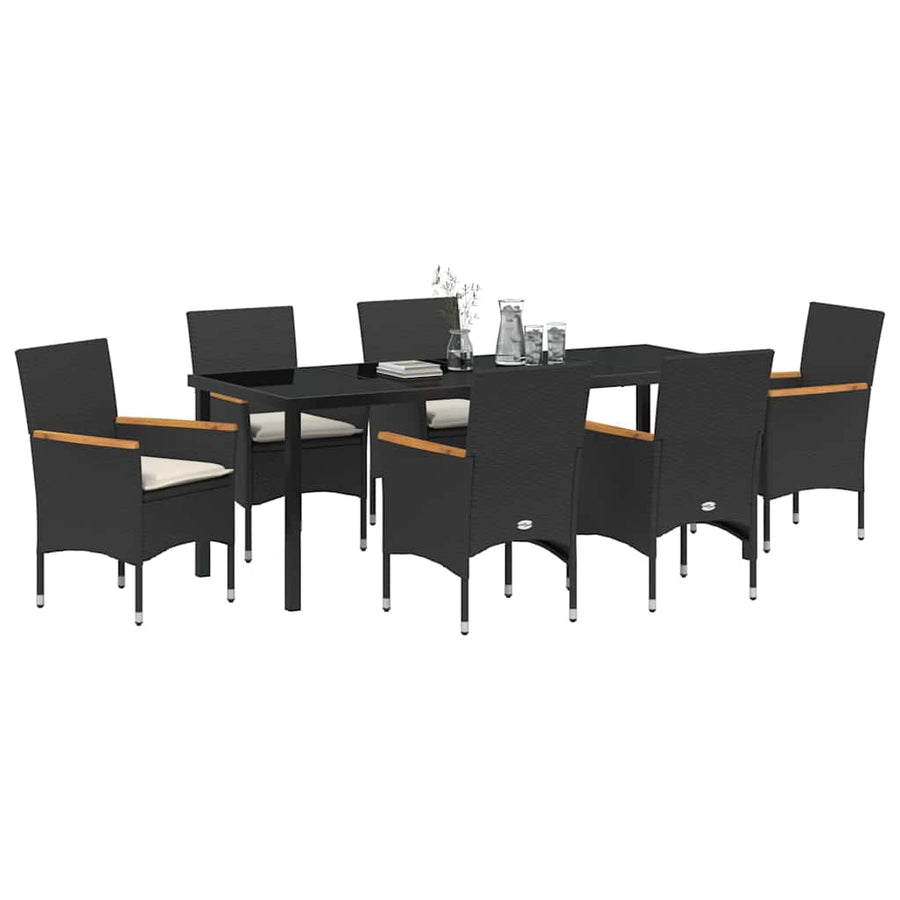 Tuin eettafelset met kussen 7 pcs Zwart poly rattan