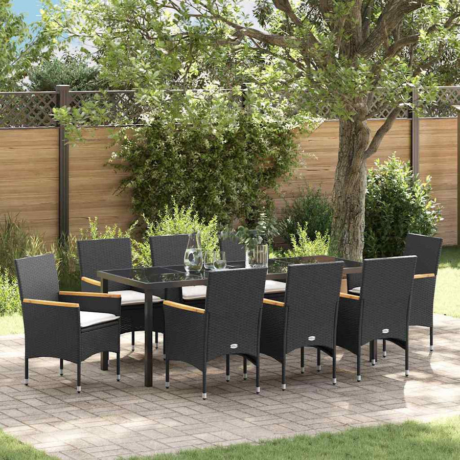 Tuin eettafelset met kussen 9 pcs Zwart poly rattan