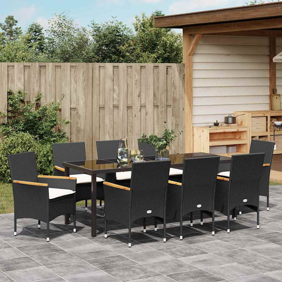 Tuin eettafelset met kussen 9 pcs Zwart poly rattan