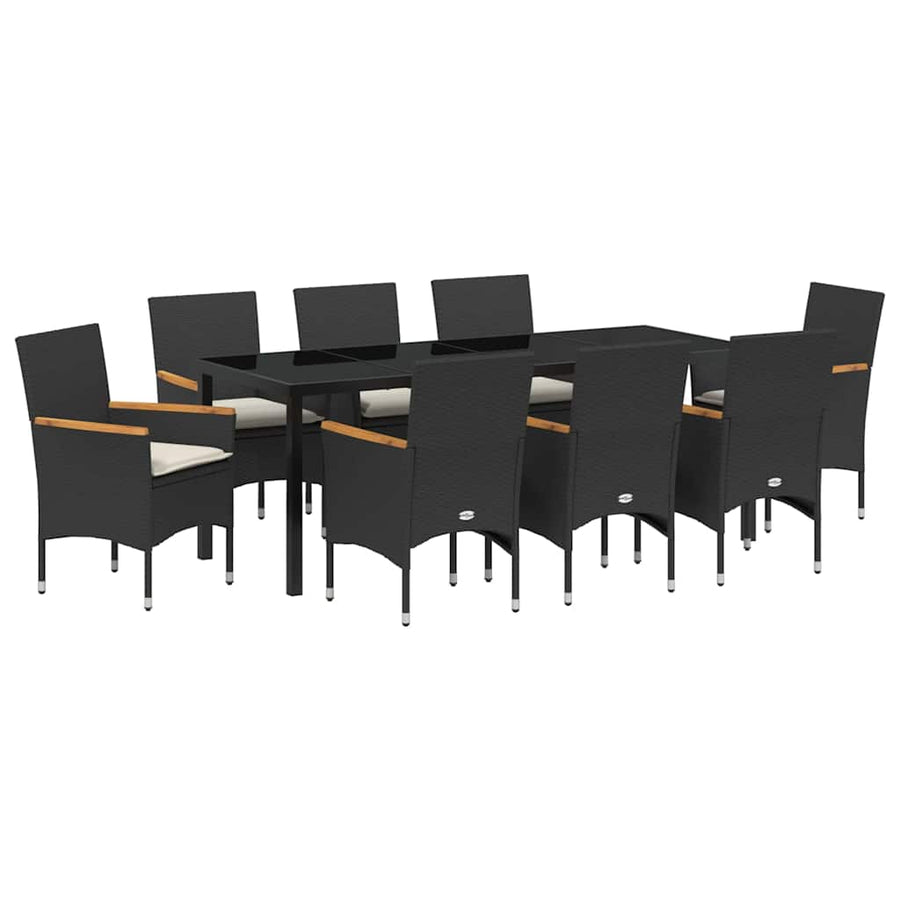Tuin eettafelset met kussen 9 pcs Zwart poly rattan