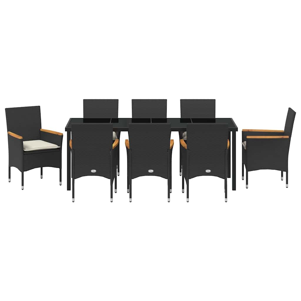 Tuin eettafelset met kussen 9 pcs Zwart poly rattan