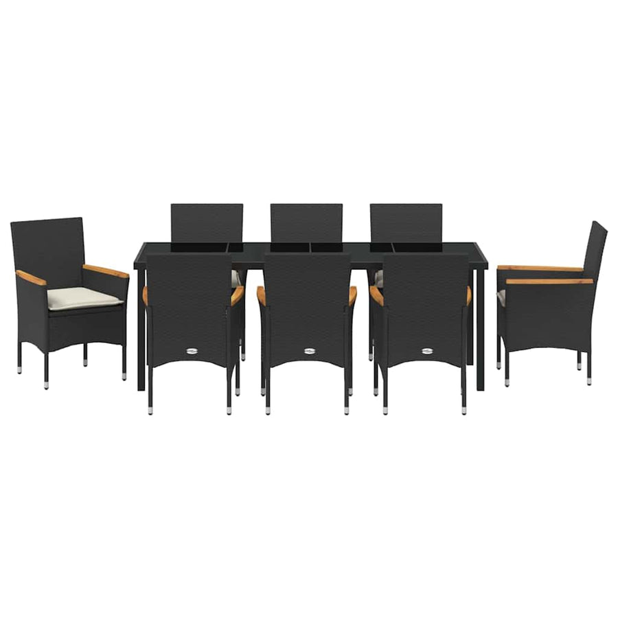 Tuin eettafelset met kussen 9 pcs Zwart poly rattan