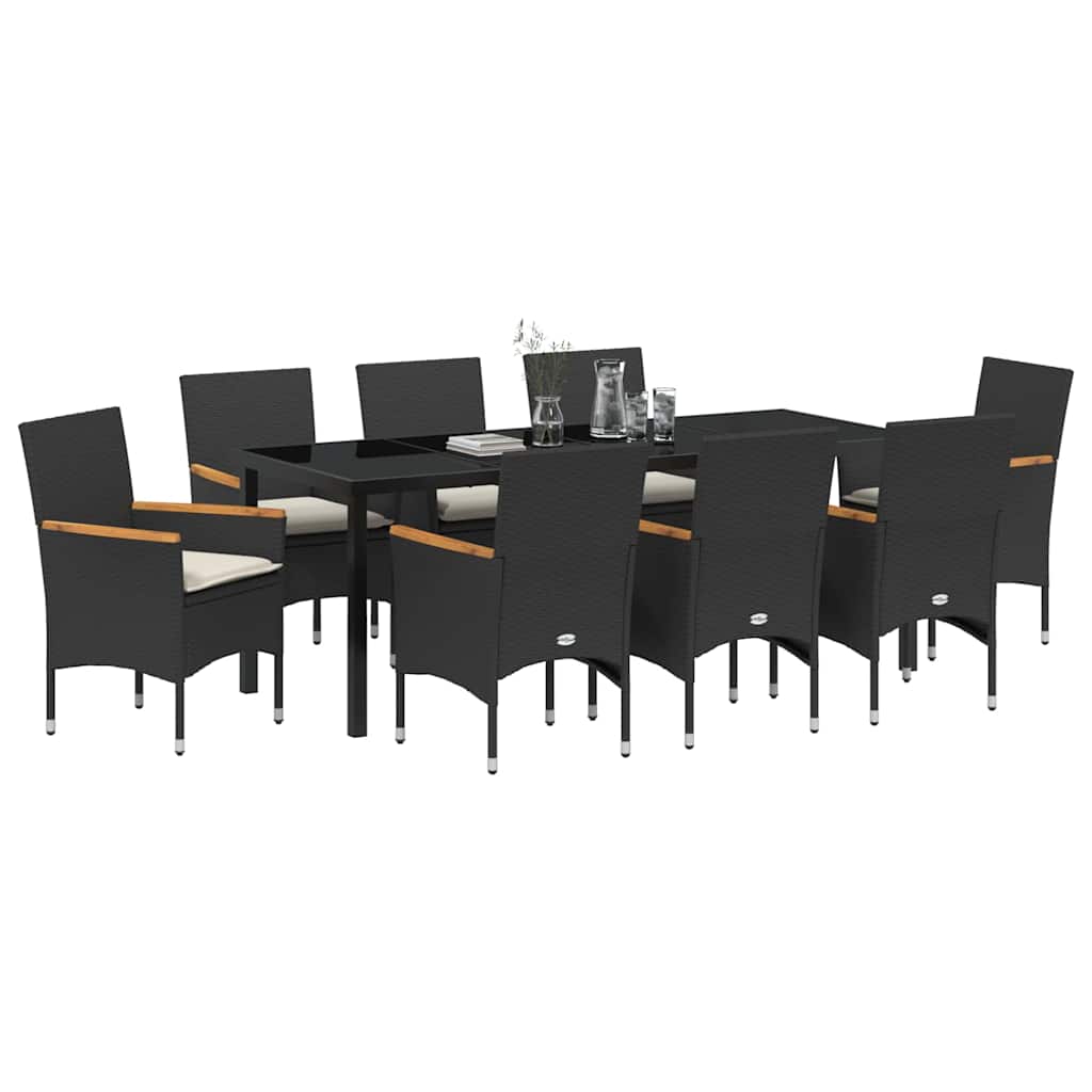 Tuin eettafelset met kussen 9 pcs Zwart poly rattan