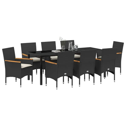 Tuin eettafelset met kussen 9 pcs Zwart poly rattan