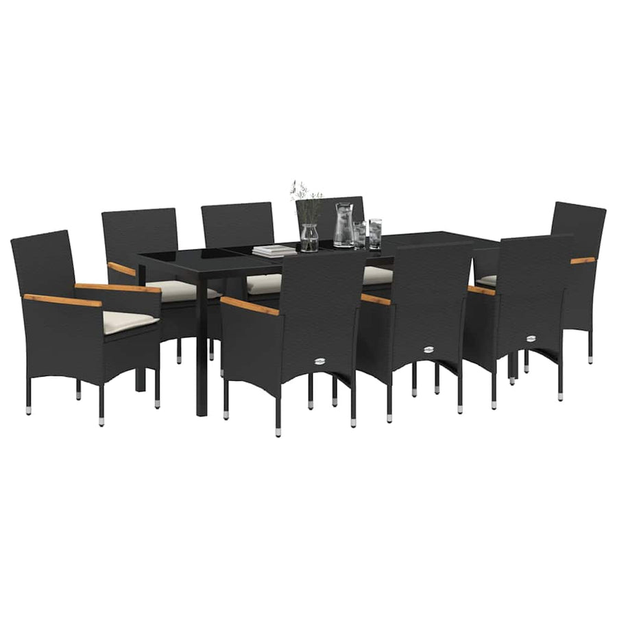 Tuin eettafelset met kussen 9 pcs Zwart poly rattan