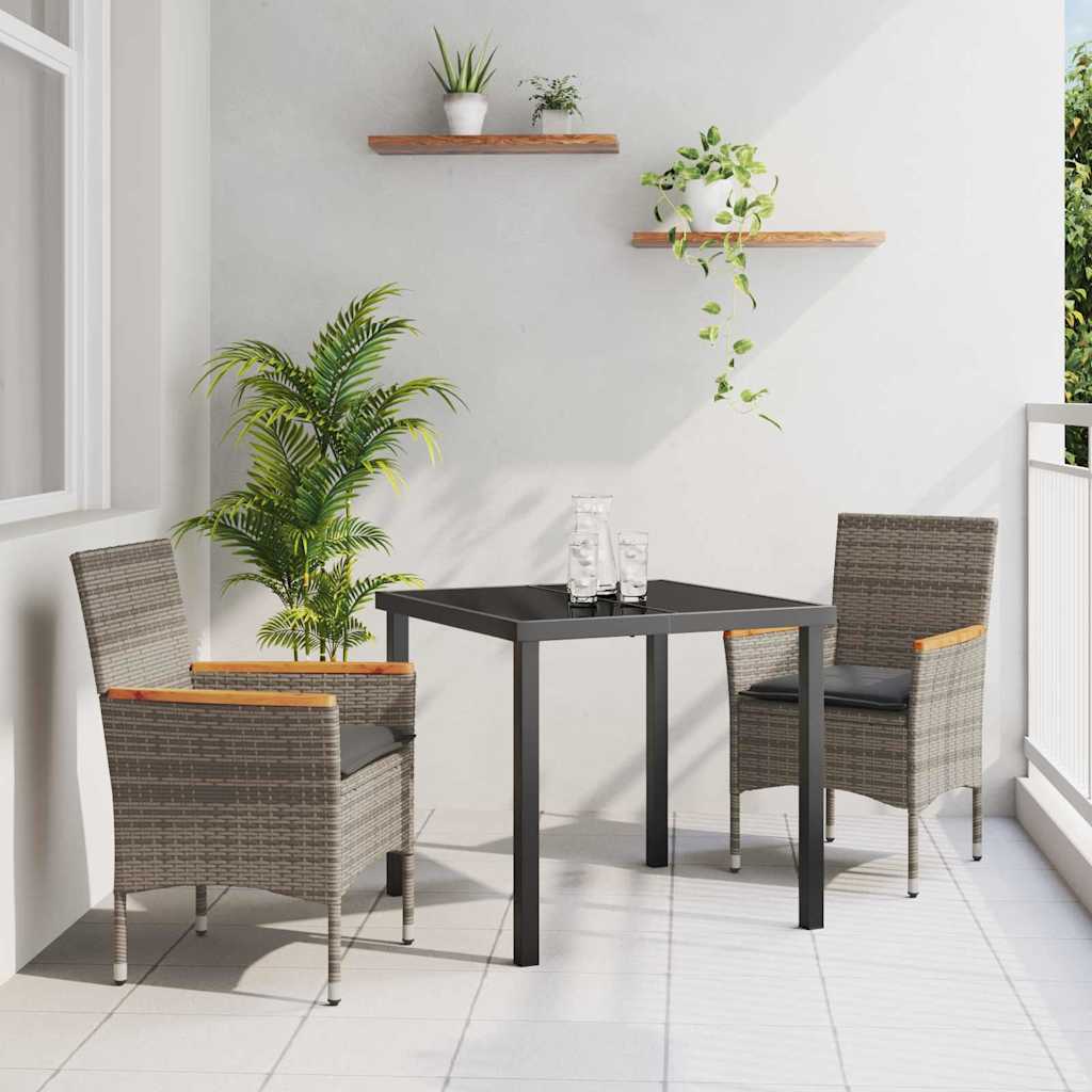 Tuin eettafelset met kussen 3 pcs Grijs poly rattan