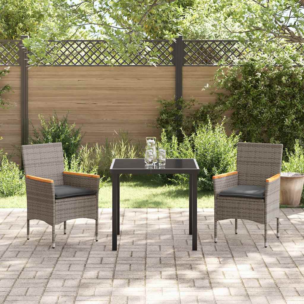 Tuin eettafelset met kussen 3 pcs Grijs poly rattan