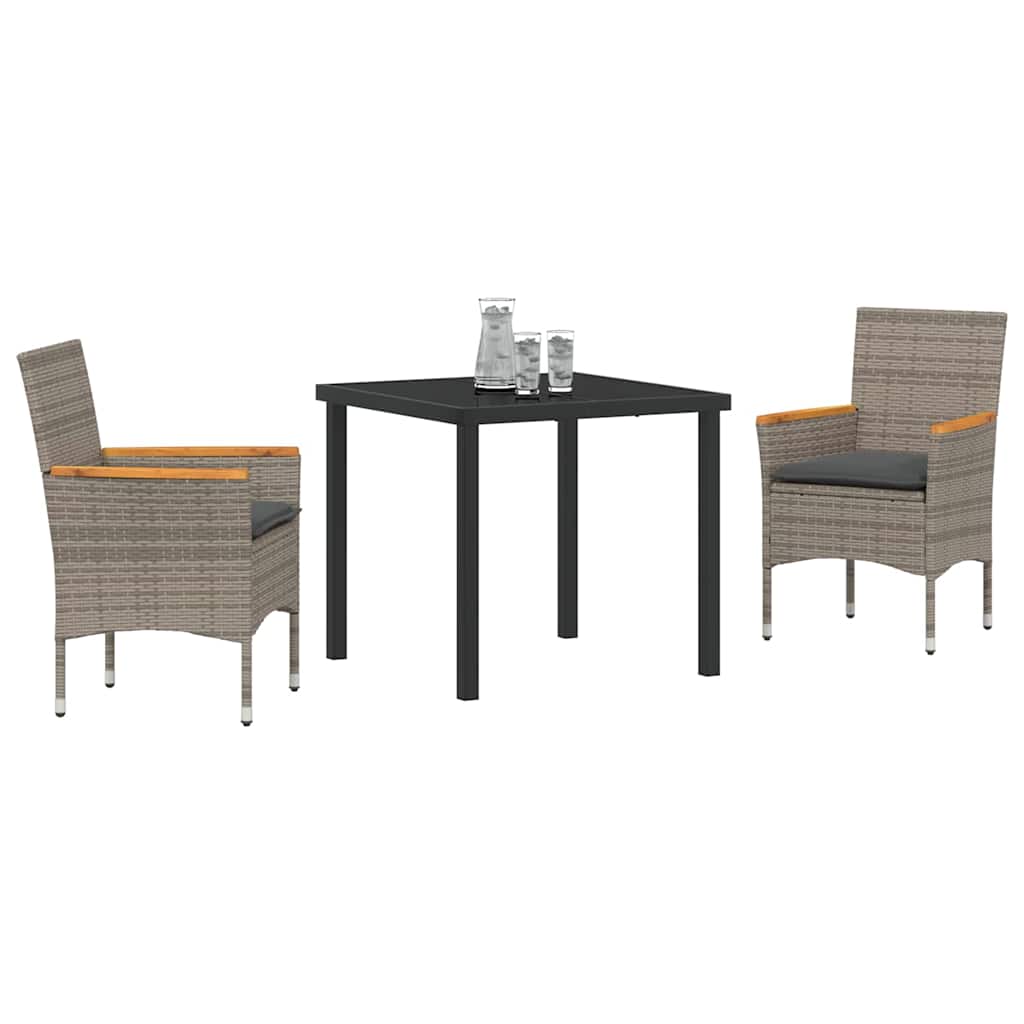 Tuin eettafelset met kussen 3 pcs Grijs poly rattan