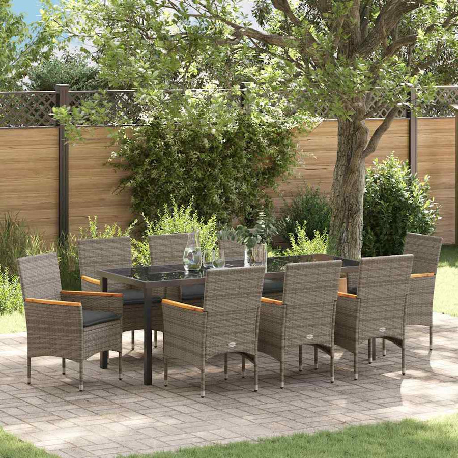 Tuin eettafelset met kussen 9 pcs Grijs poly rattan