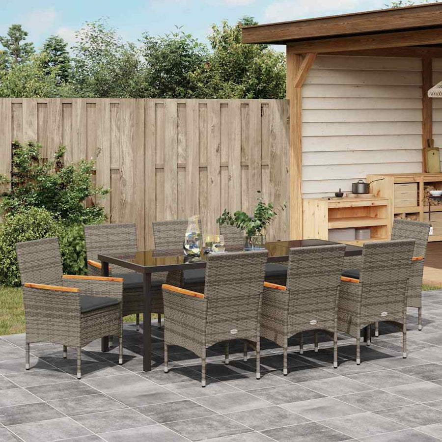 Tuin eettafelset met kussen 9 pcs Grijs poly rattan