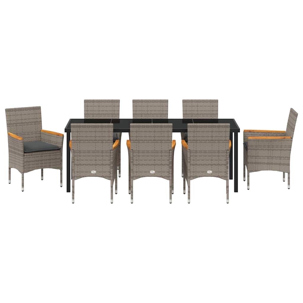 Tuin eettafelset met kussen 9 pcs Grijs poly rattan