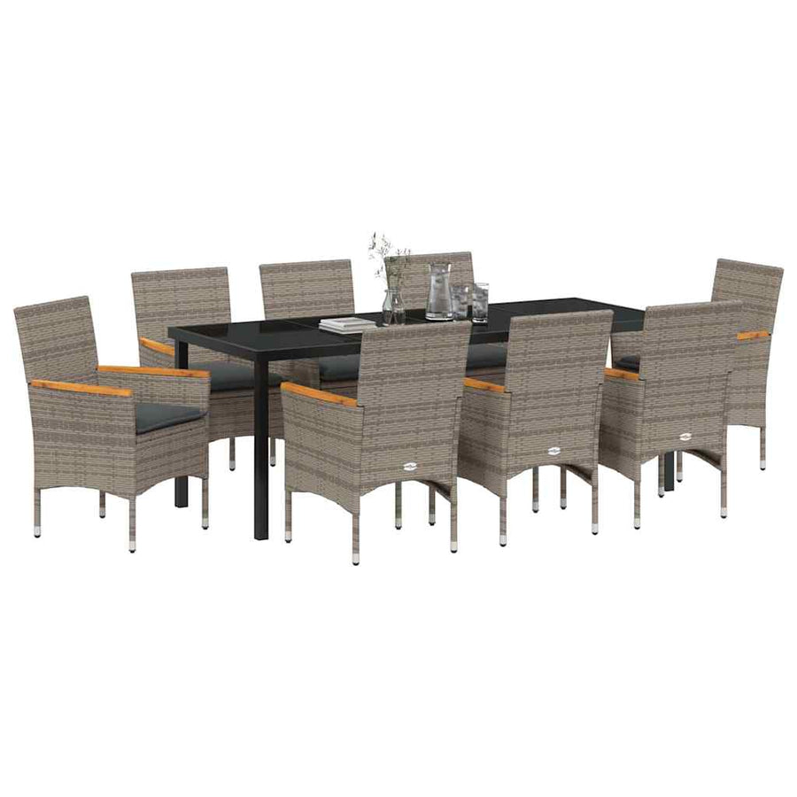 Tuin eettafelset met kussen 9 pcs Grijs poly rattan