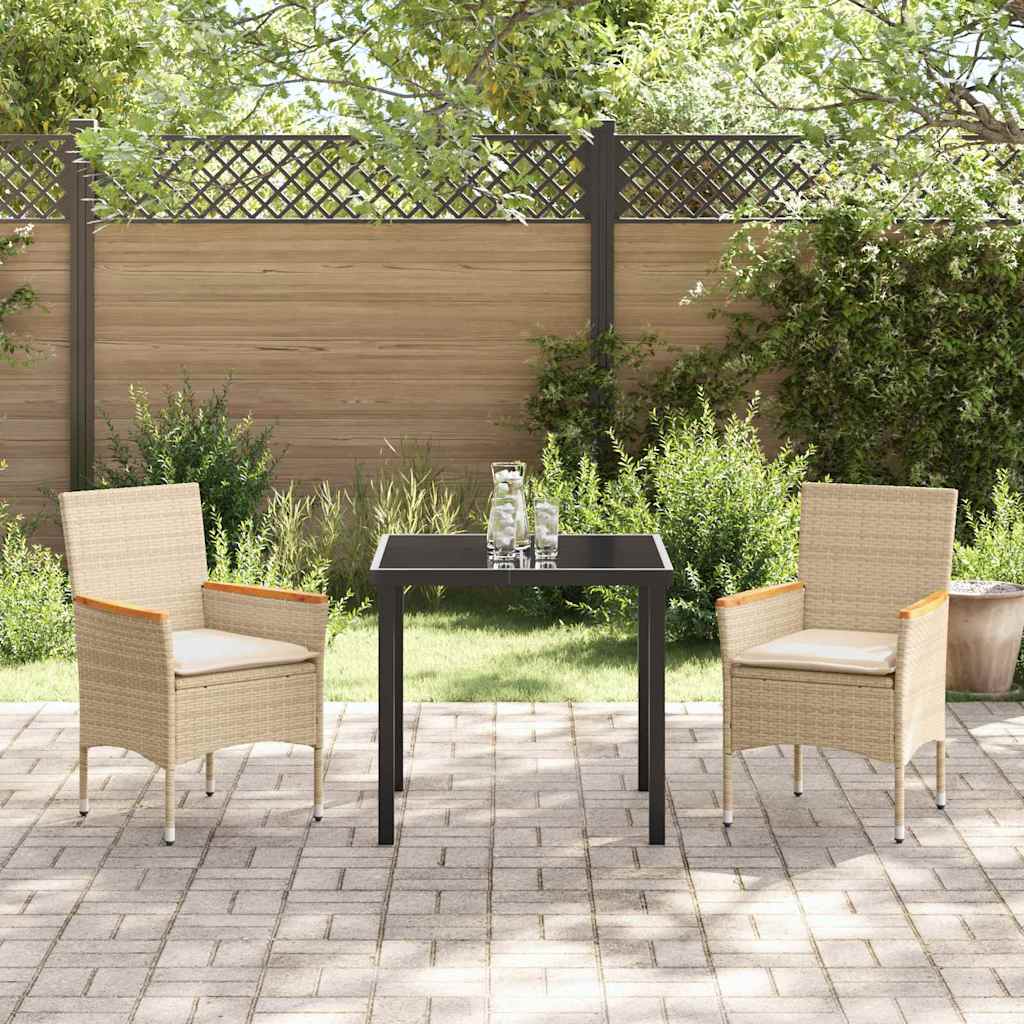 Tuin eettafelset met kussen 3 pcs Beige poly rattan