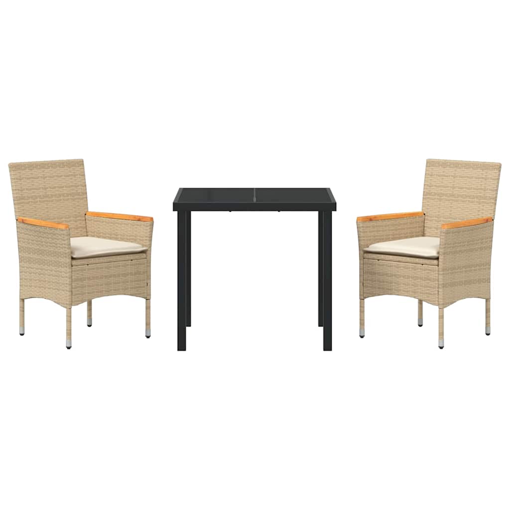 Tuin eettafelset met kussen 3 pcs Beige poly rattan
