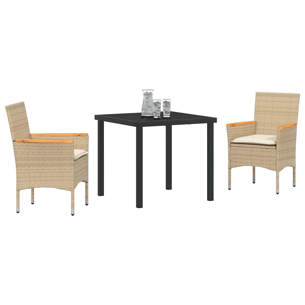 Tuin eettafelset met kussen 3 pcs Beige poly rattan