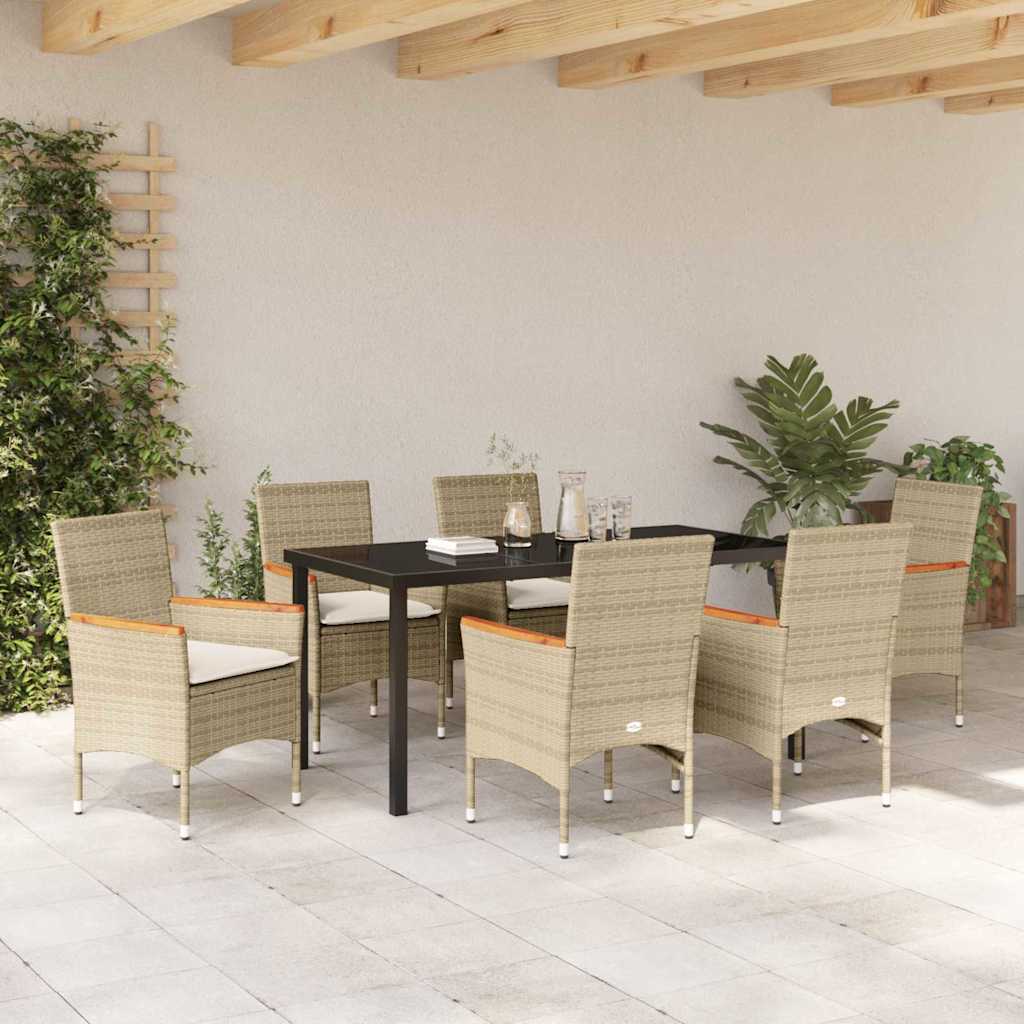 Tuin eettafelset met kussen 7 pcs Beige poly rattan