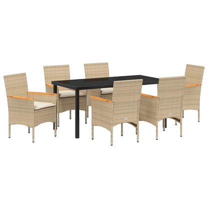 Tuin eettafelset met kussen 7 pcs Beige poly rattan