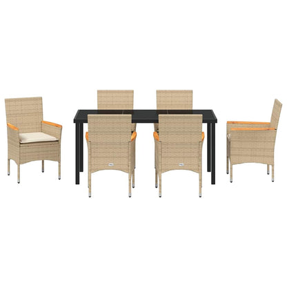 Tuin eettafelset met kussen 7 pcs Beige poly rattan