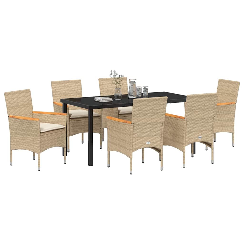 Tuin eettafelset met kussen 7 pcs Beige poly rattan