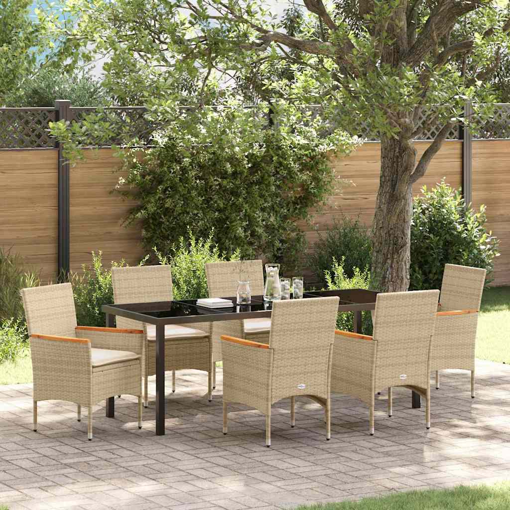 Tuin eettafelset met kussen 7 pcs Beige poly rattan