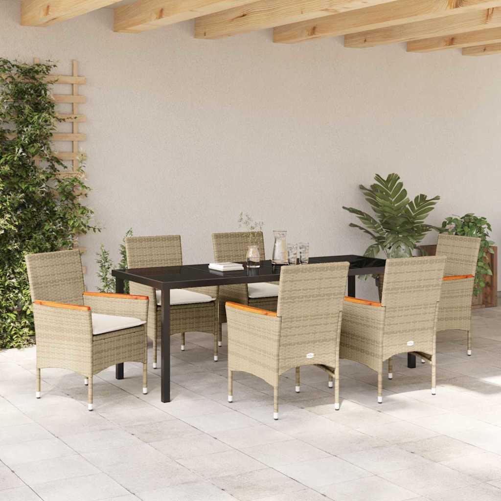 Tuin eettafelset met kussen 7 pcs Beige poly rattan