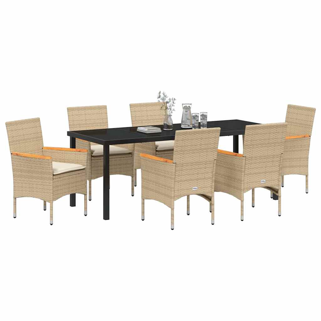 Tuin eettafelset met kussen 7 pcs Beige poly rattan