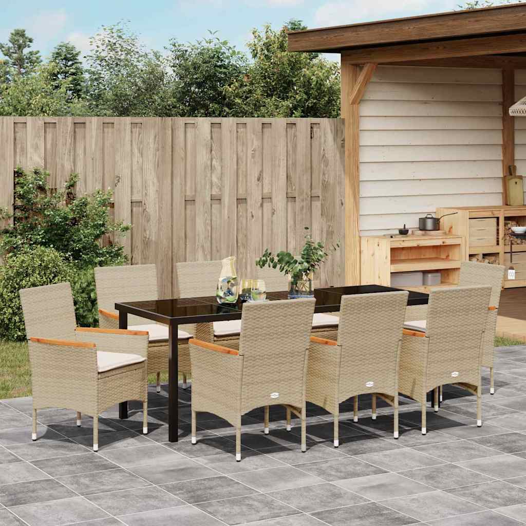 Tuin eettafelset met kussen 9 pcs Beige poly rattan
