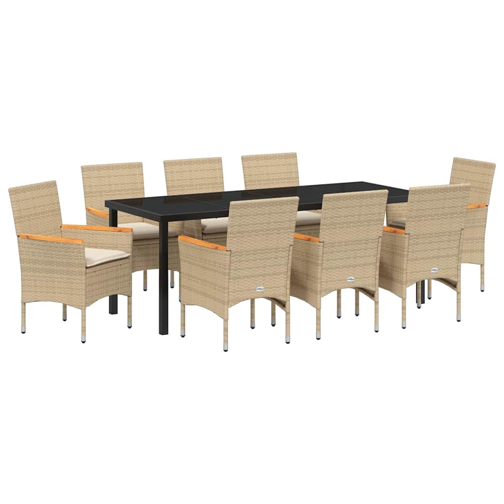 Tuin eettafelset met kussen 9 pcs Beige poly rattan