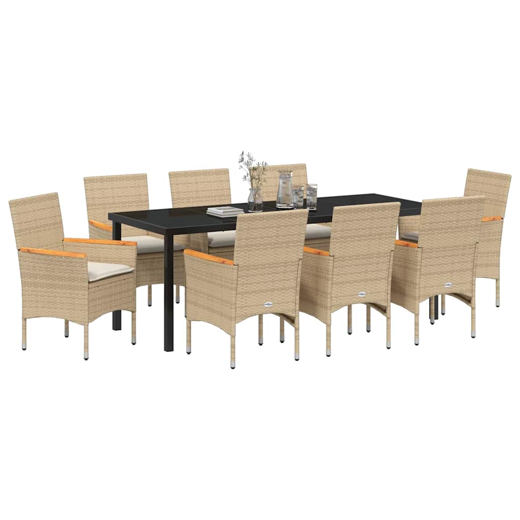 Tuin eettafelset met kussen 9 pcs Beige poly rattan