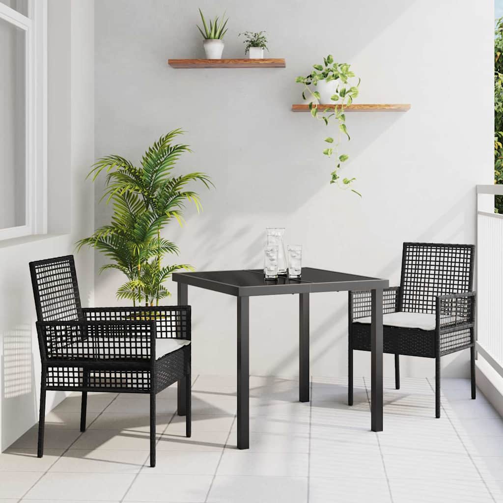 Tuin eettafelset met kussen 3 pcs Zwart poly rattan