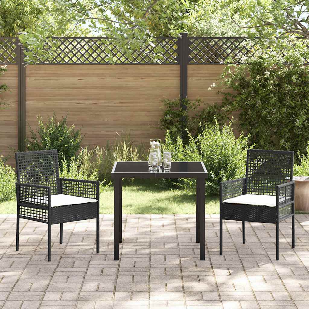 Tuin eettafelset met kussen 3 pcs Zwart poly rattan