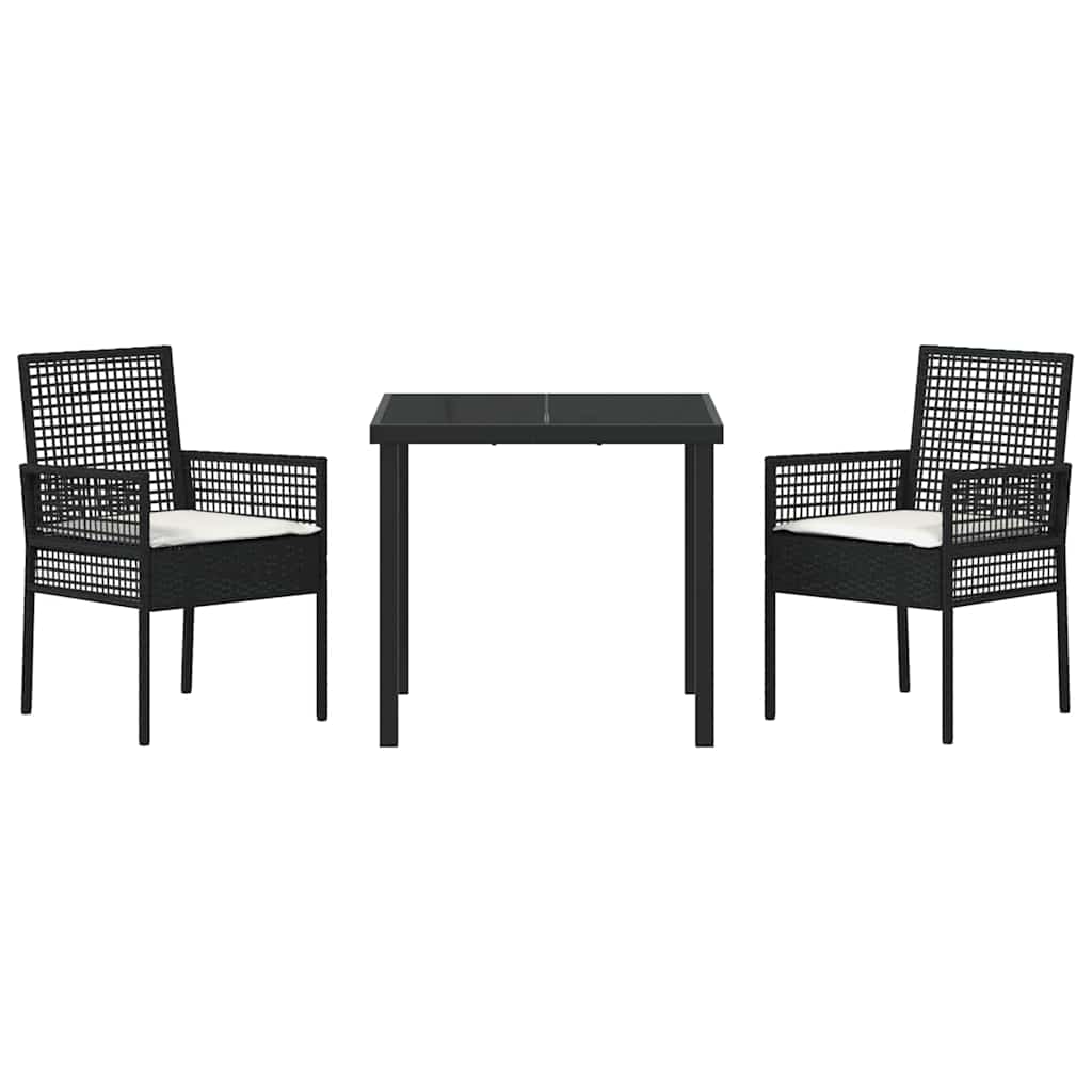 Tuin eettafelset met kussen 3 pcs Zwart poly rattan