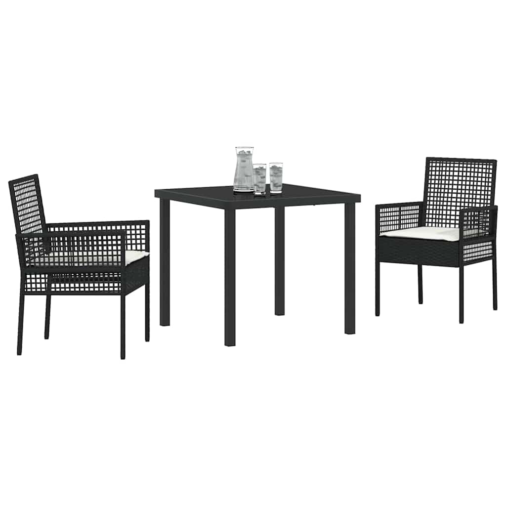 Tuin eettafelset met kussen 3 pcs Zwart poly rattan