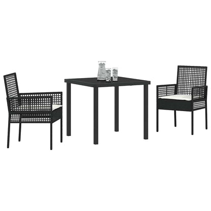 Tuin eettafelset met kussen 3 pcs Zwart poly rattan