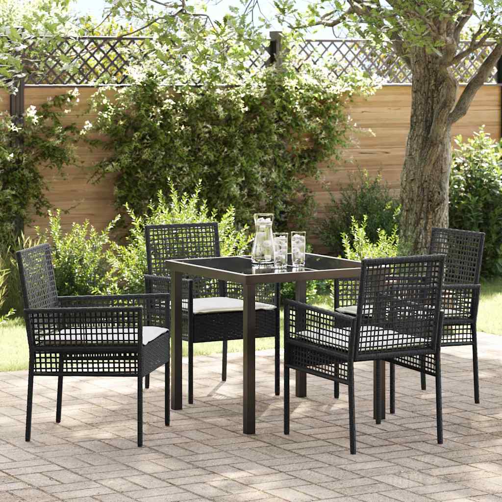 Tuin eettafelset met kussen 5 pcs Zwart poly rattan