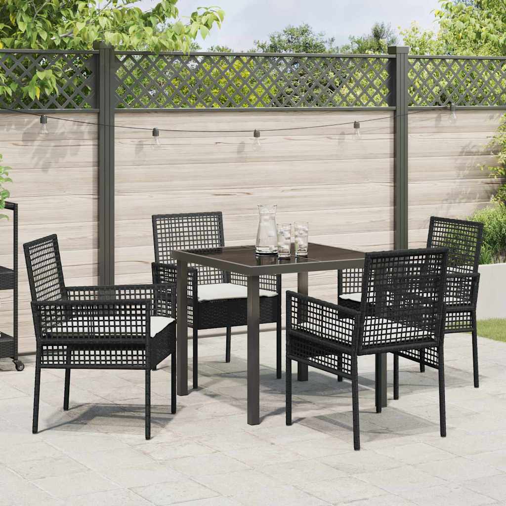 Tuin eettafelset met kussen 5 pcs Zwart poly rattan