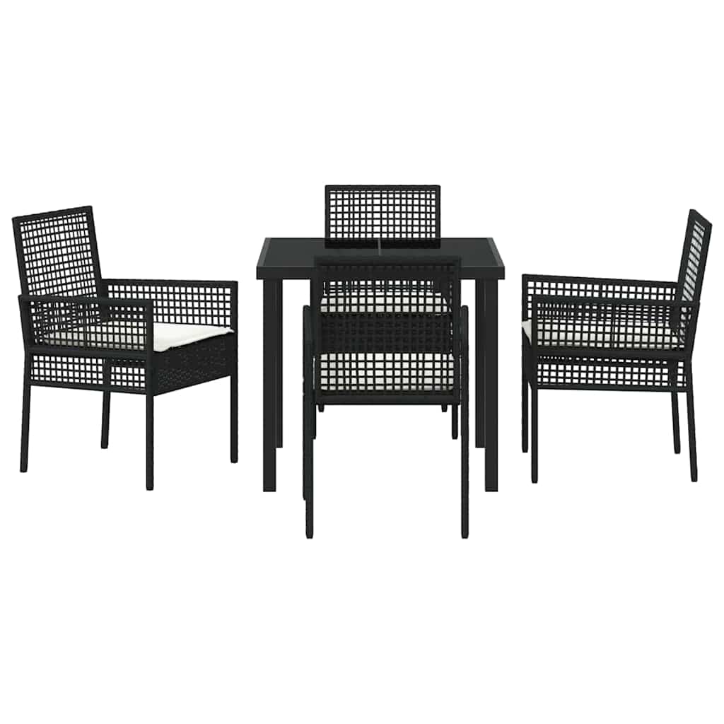 Tuin eettafelset met kussen 5 pcs Zwart poly rattan