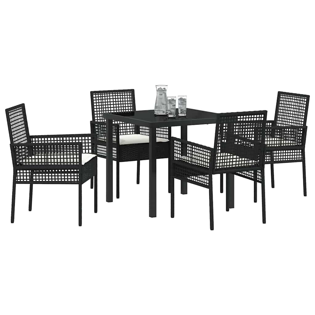 Tuin eettafelset met kussen 5 pcs Zwart poly rattan