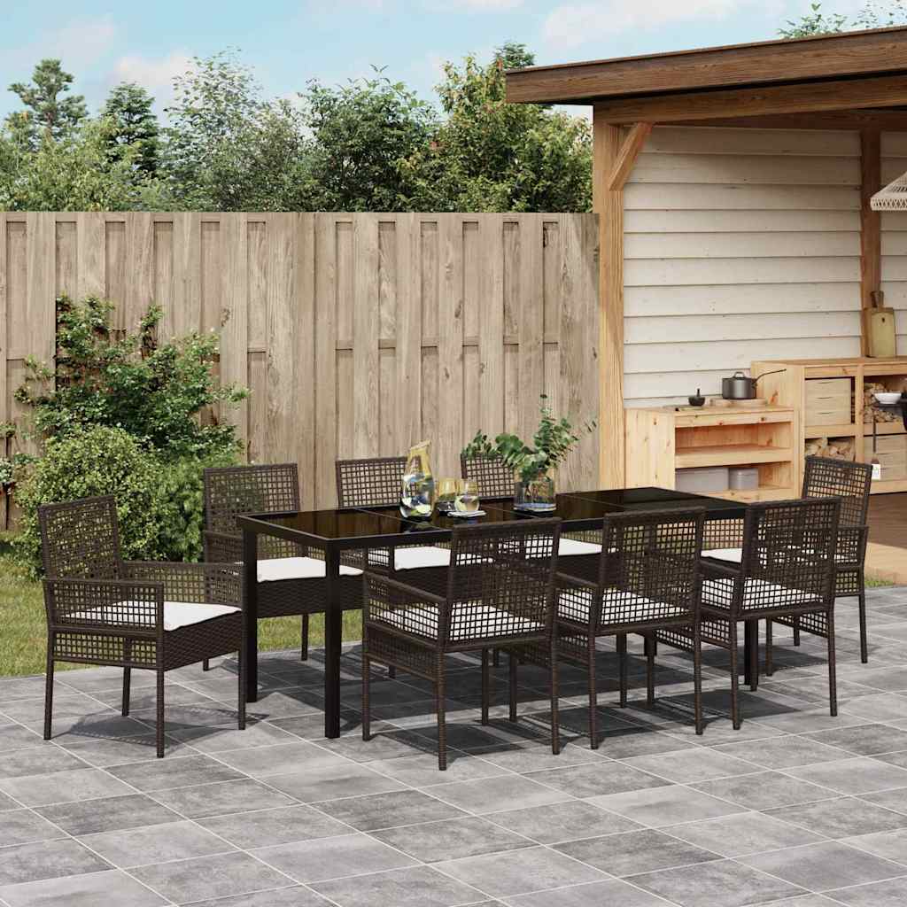 Tuin Eettafelset Met Kussen 9 Pcs Poly Rattan 8-persoons Bruin en crèmewit 200 cm
