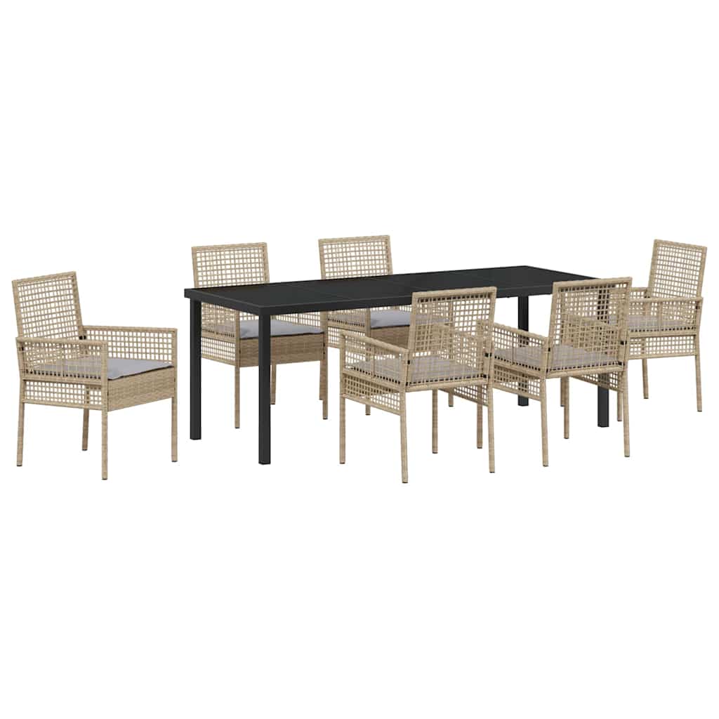 Tuin Eetset Met Kussen 7 Pcs Poly Riet 6-persoons beige en lichtgrijs 200 cm