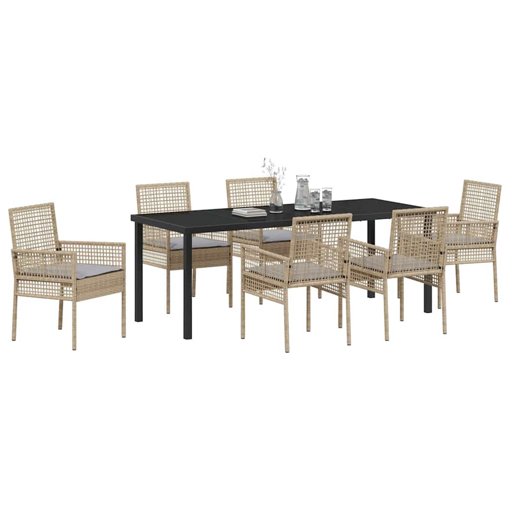 Tuin Eetset Met Kussen 7 Pcs Poly Riet 6-persoons beige en lichtgrijs 200 cm