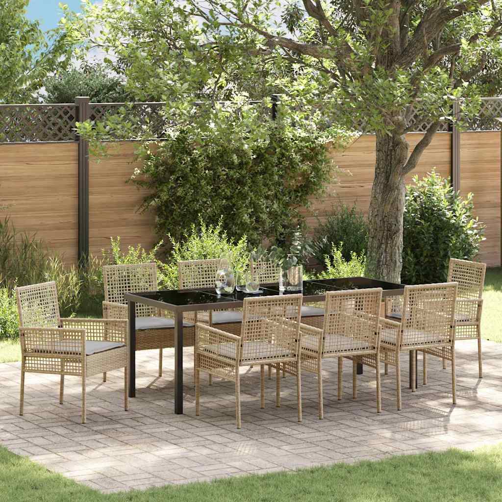 Tuin Eettafelset Met Kussen 9 Pcs Poly Rattan 8-persoons beige en lichtgrijs 200 cm