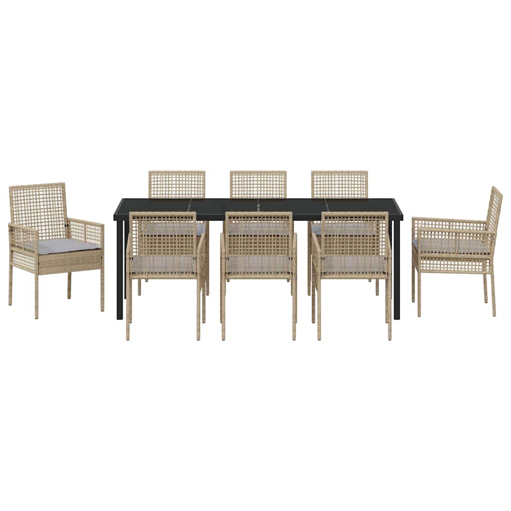 Tuin Eettafelset Met Kussen 9 Pcs Poly Rattan 8-persoons beige en lichtgrijs 200 cm