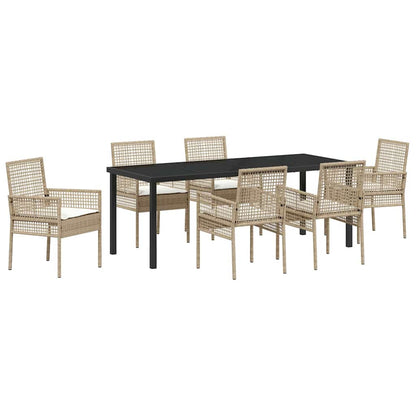Tuin Eetset Met Kussen 7 Pcs Poly Riet 6-persoons beige en crèmekleurig 200 cm