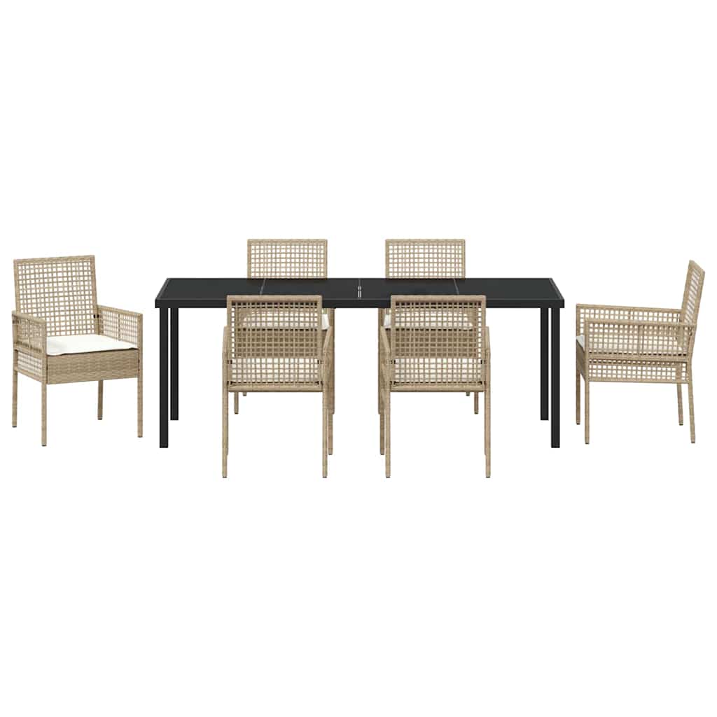 Tuin Eetset Met Kussen 7 Pcs Poly Riet 6-persoons beige en crèmekleurig 200 cm