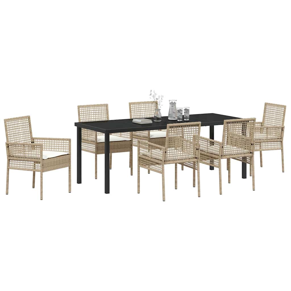 Tuin Eetset Met Kussen 7 Pcs Poly Riet 6-persoons beige en crèmekleurig 200 cm
