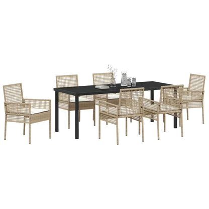 Tuin Eetset Met Kussen 7 Pcs Poly Riet 6-persoons beige en crèmekleurig 200 cm